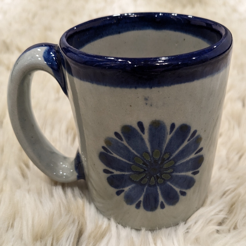 Hand Crafted Mexico Pottery Mug Blue Flowet